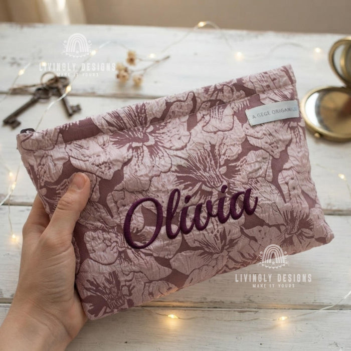 Custom Embroidered Name Makeup Pouch: Floral Jacquard Cosmetic Bag Gift