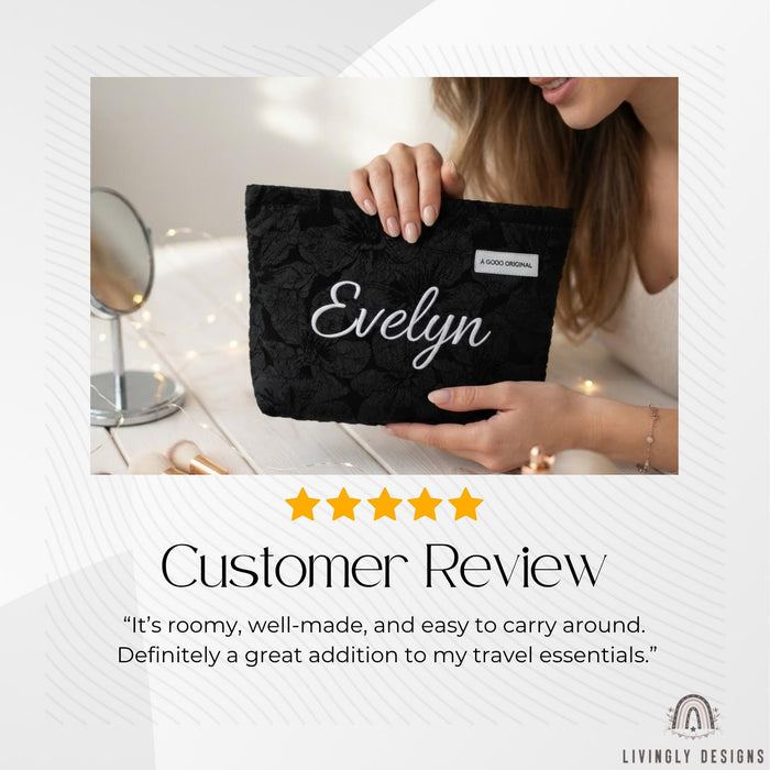 Custom Embroidered Name Makeup Pouch: Floral Jacquard Cosmetic Bag Gift