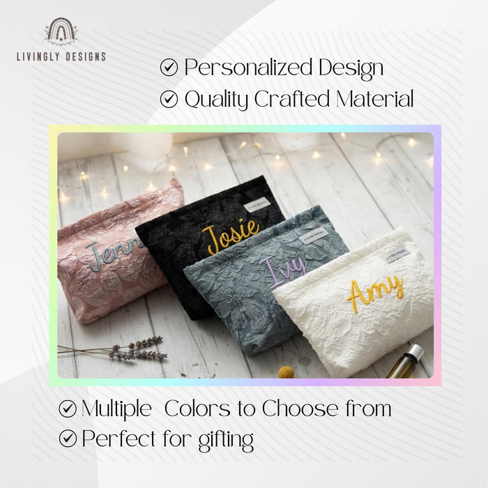 Custom Embroidered Name Makeup Pouch: Floral Jacquard Cosmetic Bag Gift