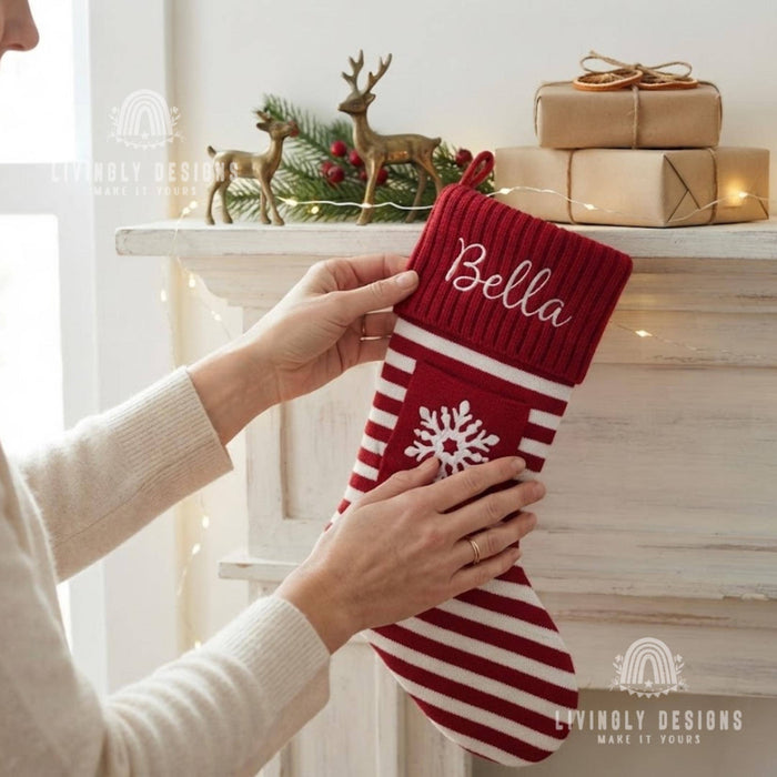 Personalized Knit Christmas Stocking: Custom Name Striped Stocking with Front Pocket