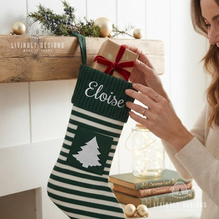 Custom Name Knit Stocking, Striped Christmas Stocking with Pocket, Christmas Gift
