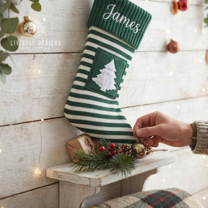 Custom Name Knit Stocking, Striped Christmas Stocking with Pocket, Christmas Gift