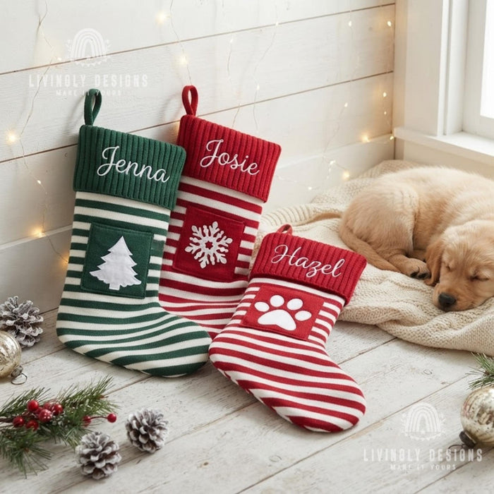 Personalized Knit Christmas Stocking: Custom Name Striped Stocking with Front Pocket