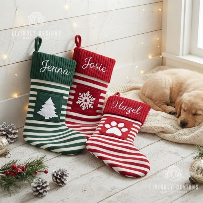 Custom Name Knit Stocking, Striped Christmas Stocking with Pocket, Christmas Gift