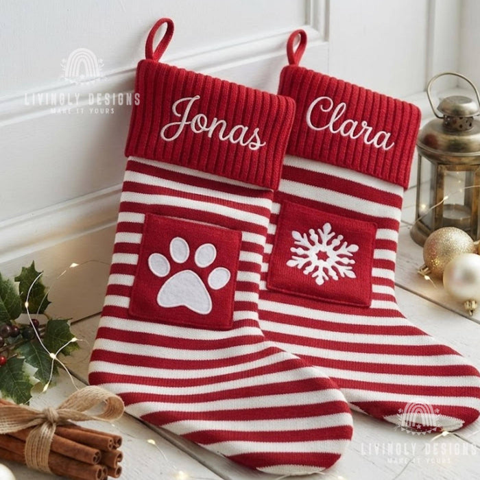 Custom Name Knit Stocking, Striped Christmas Stocking with Pocket, Christmas Gift