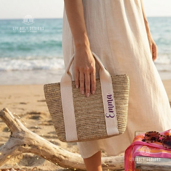 Custom Name Straw Tote, Woven Beach Bag with Embroidered Handle, Personalized Gift