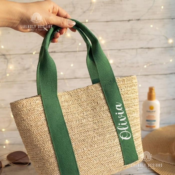 Personalized Woven Beach Tote: Custom Name Embroidered Handle Straw Bag, Bridesmaids Gift, Custom Tote Bag