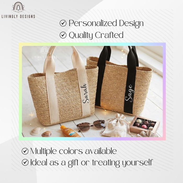 Custom Name Straw Tote, Woven Beach Bag with Embroidered Handle, Personalized Gift