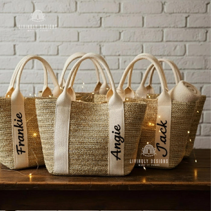 Custom Name Straw Tote, Woven Beach Bag with Embroidered Handle, Personalized Gift