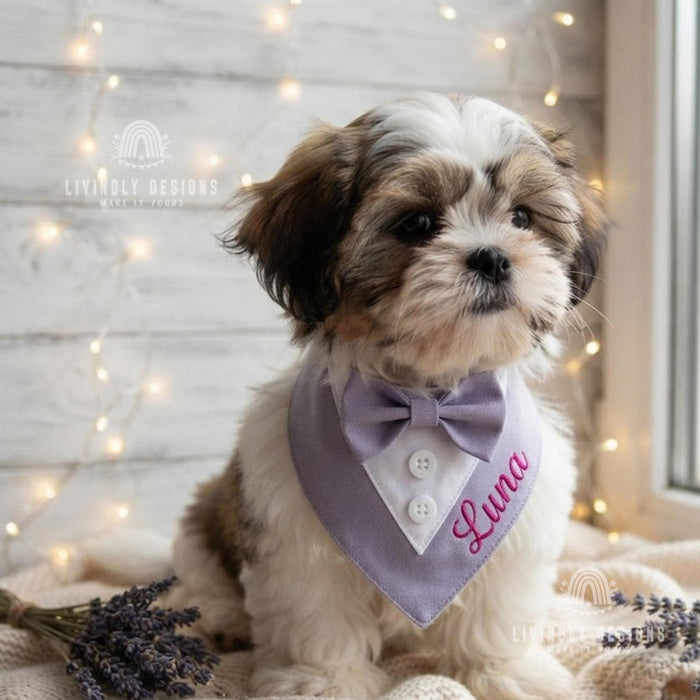 Custom Name Dog Bandana with Bow Tie, Wedding Tuxedo Bib for Pets