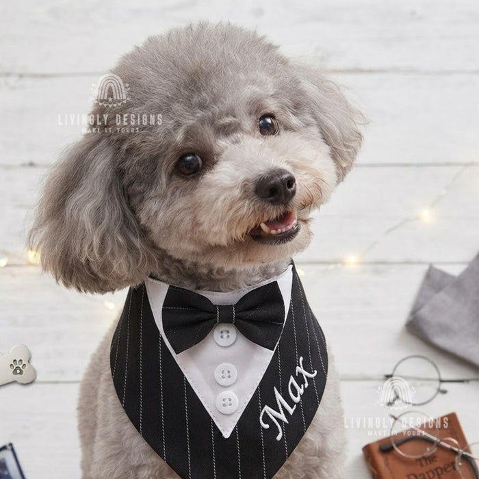 Personalized Tuxedo Dog Bandana: Custom Name Bow Tie Wedding Bib for Pets