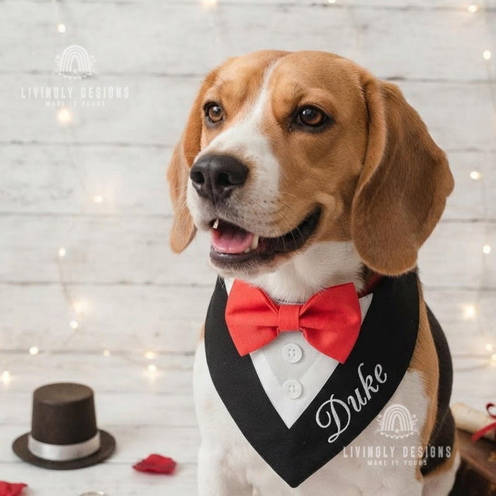 Personalized Tuxedo Dog Bandana: Custom Name Bow Tie Wedding Bib for Pets