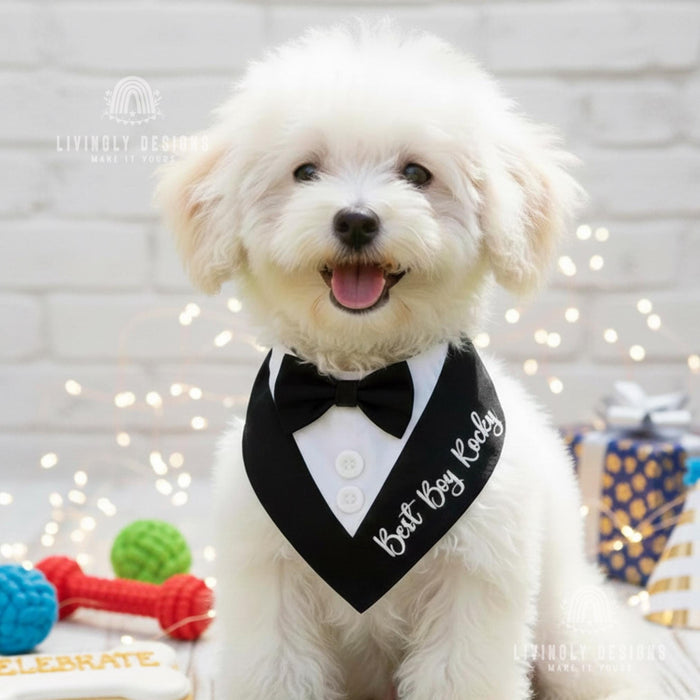 Custom Name Dog Bandana with Bow Tie, Wedding Tuxedo Bib for Pets