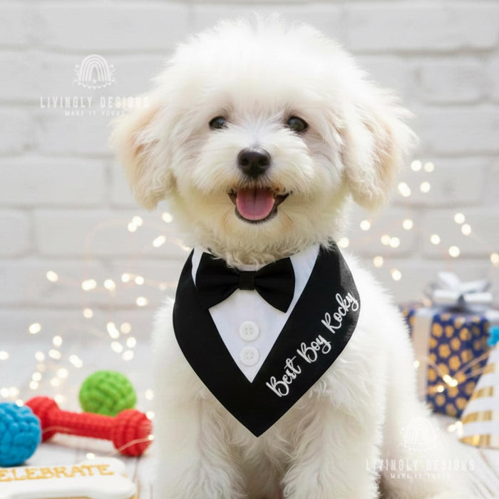 Personalized Tuxedo Dog Bandana: Custom Name Bow Tie Wedding Bib for Pets