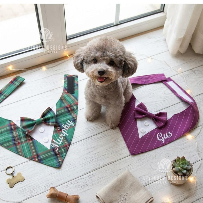 Personalized Tuxedo Dog Bandana: Custom Name Bow Tie Wedding Bib for Pets