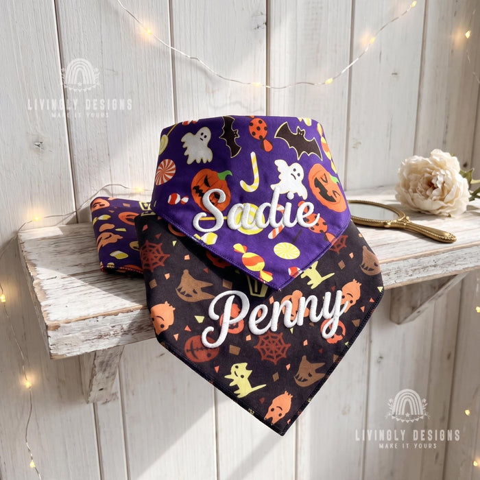 Personalized Halloween Pet Bandana: Custom Name Tie-On Scarf for Dogs & Cats