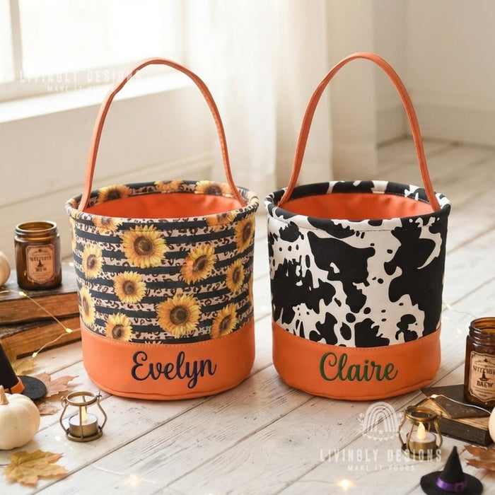Personalized Halloween Candy Bucket: Custom Name Embroidered Trick-or-Treat Pail