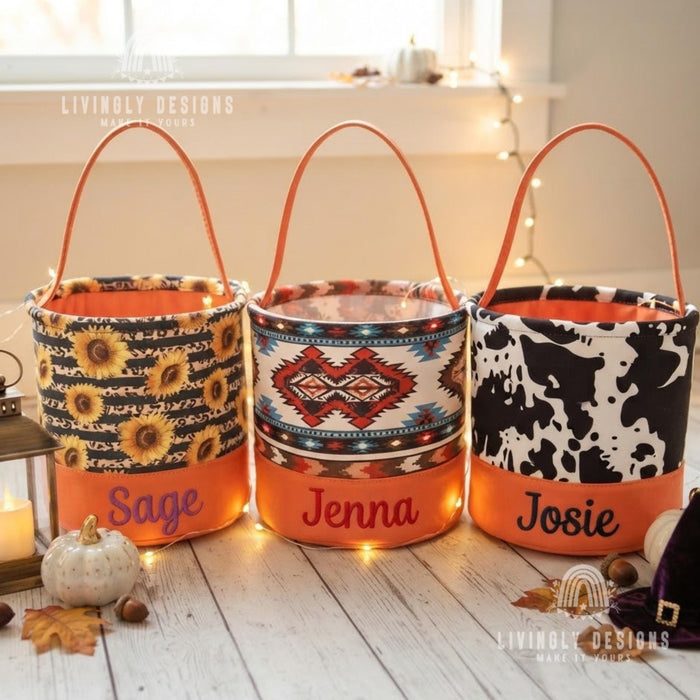 Personalized Halloween Candy Bucket: Custom Name Embroidered Trick-or-Treat Pail