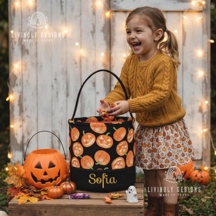 Personalized Halloween Candy Bucket: Custom Name Embroidered Trick-or-Treat Pail