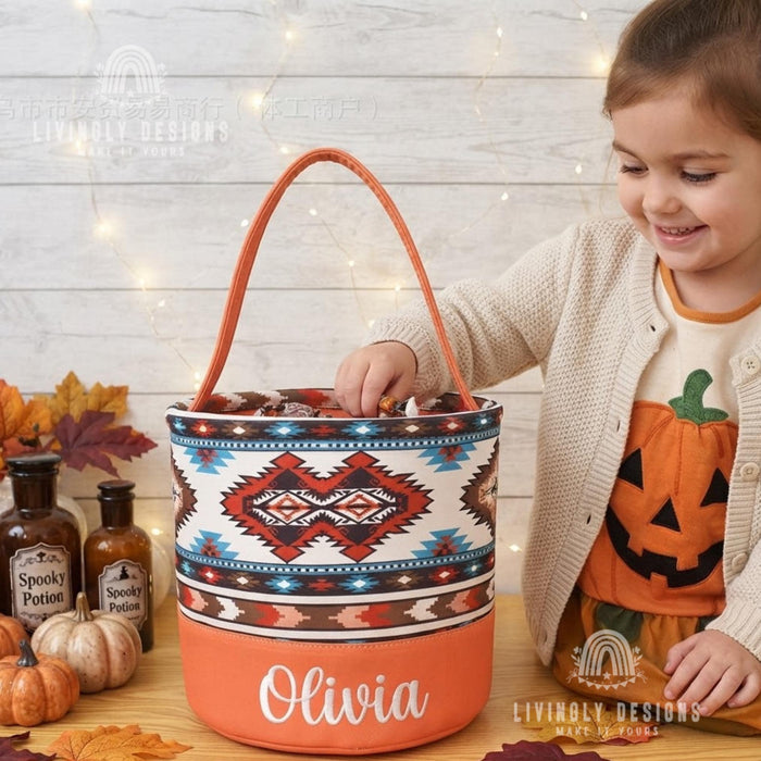 Custom Name Trick or Treat Bucket, Embroidered Halloween Candy Pail Tote