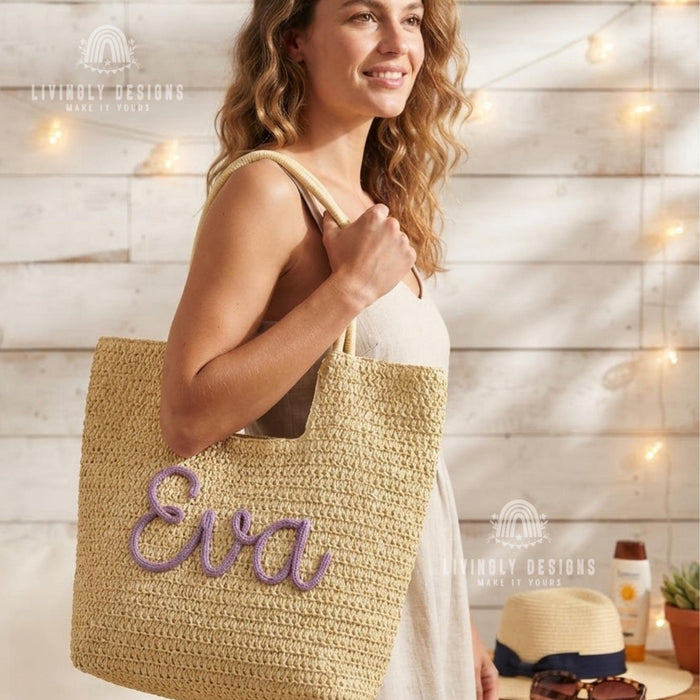 Personalized Rope Name Straw Tote: Crochet Beach Bag