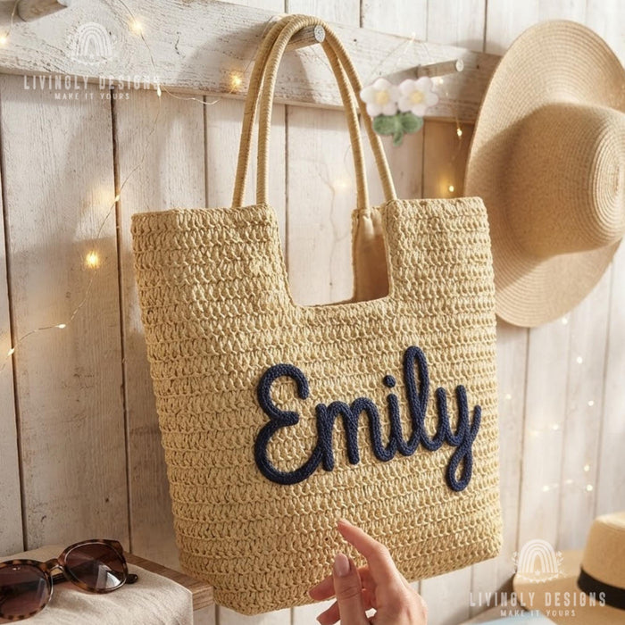 Personalized Rope Name Straw Tote: Crochet Beach Bag