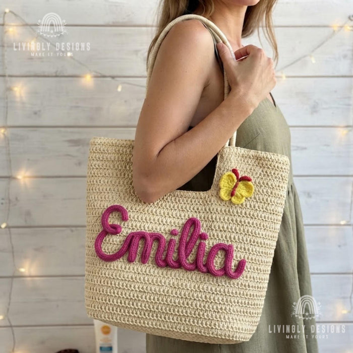 Personalized Rope Name Straw Tote: Crochet Beach Bag