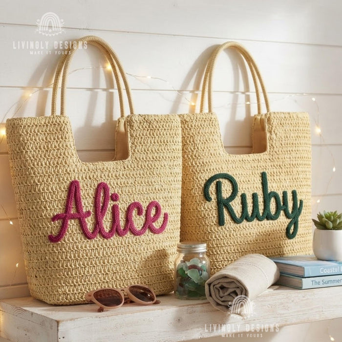 Personalized Rope Name Straw Tote: Crochet Beach Bag