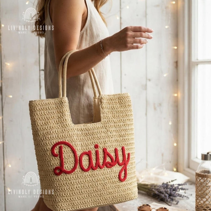 Personalized Rope Name Straw Tote: Crochet Beach Bag