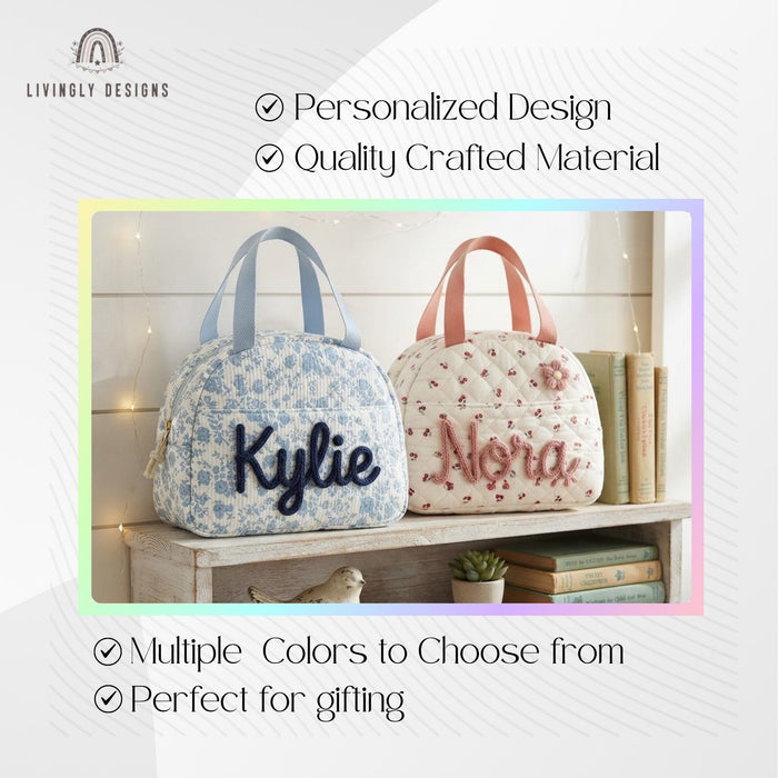 Custom Name Lunch Bag, Hand Embroidered Insulated Tote for School, Work & Preschool
