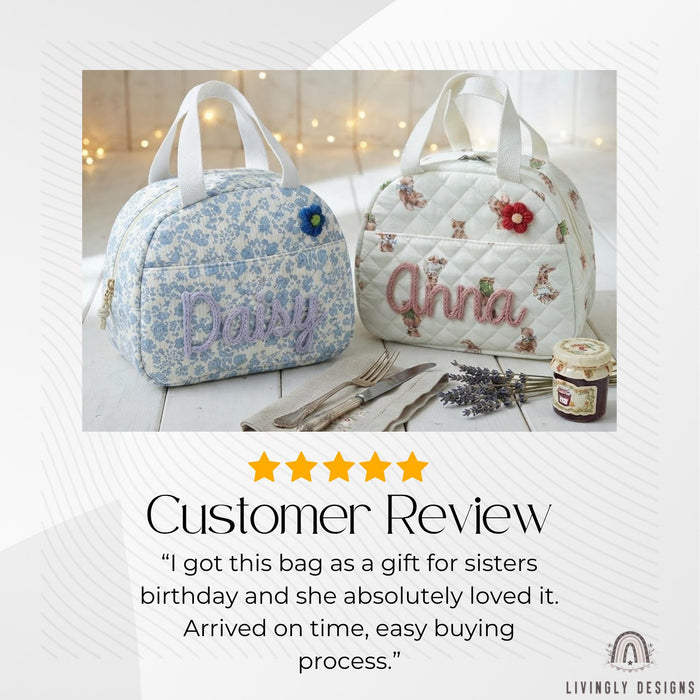 Custom Name Lunch Bag, Hand Embroidered Insulated Tote for School, Work & Preschool