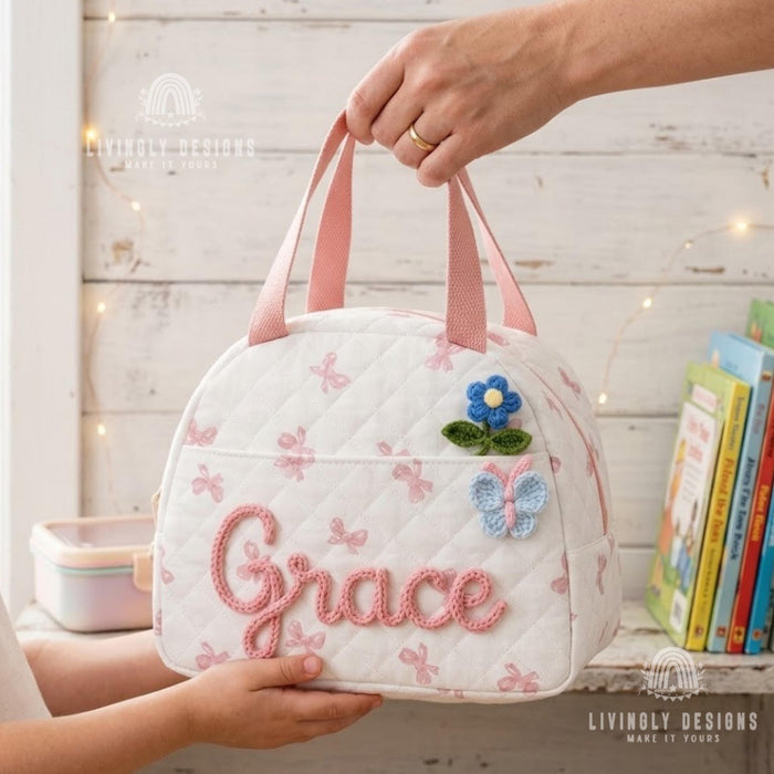 Custom Name Lunch Bag, Hand Embroidered Insulated Tote for School, Work & Preschool