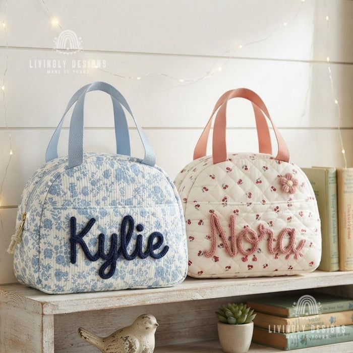 Custom Name Lunch Bag, Hand Embroidered Insulated Tote for School, Work & Preschool