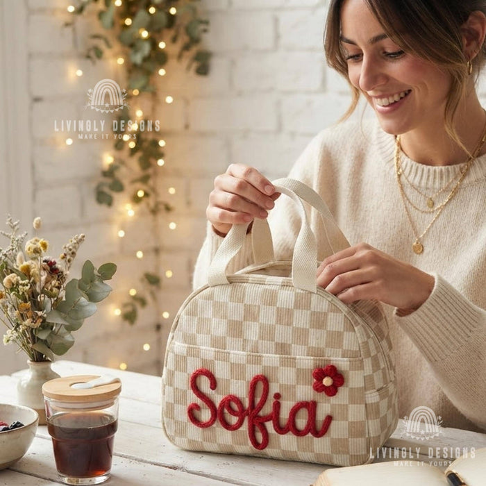 Custom Name Lunch Bag, Hand Embroidered Insulated Tote for School, Work & Preschool