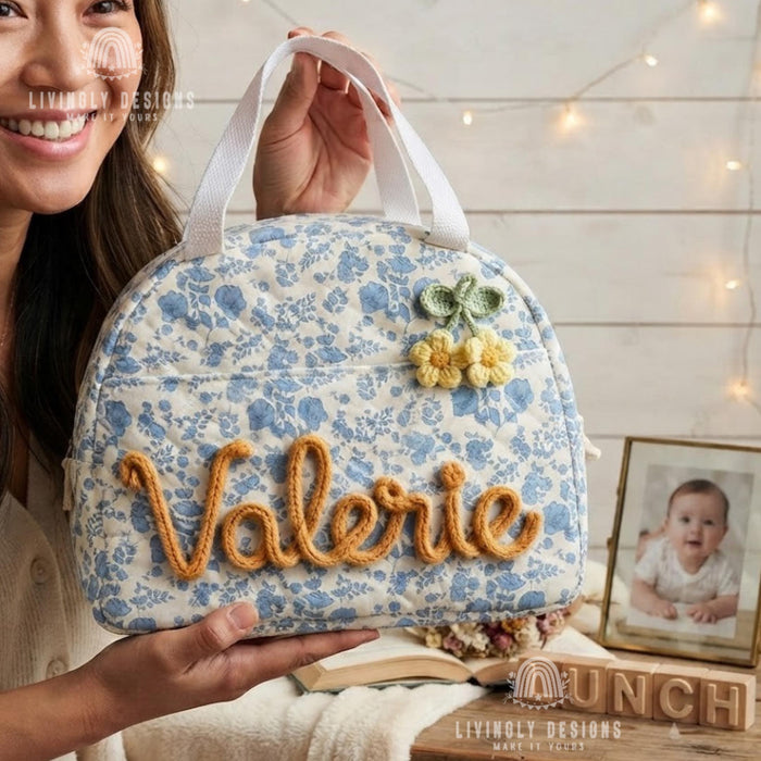 Custom Name Lunch Bag, Hand Embroidered Insulated Tote for School, Work & Preschool