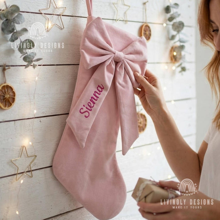 Personalized Velvet Bow Stocking, Large Christmas Mantel Decor Gift