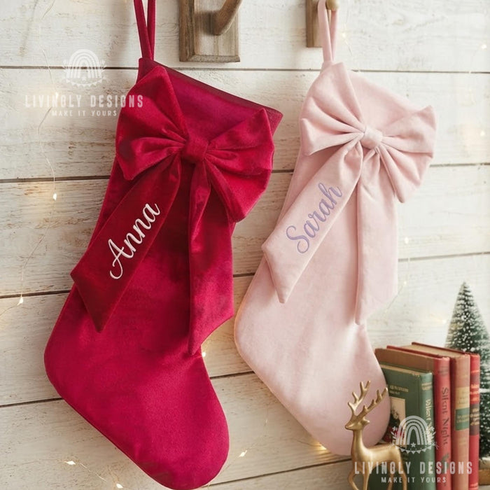 Personalized Velvet Bow Stocking, Large Christmas Mantel Decor Gift
