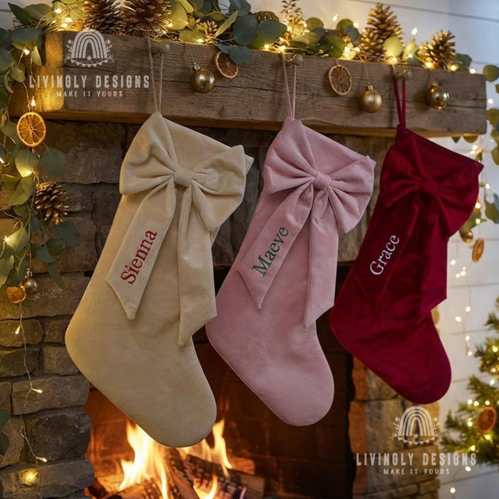 Personalized Velvet Bow Stocking, Large Christmas Mantel Decor Gift