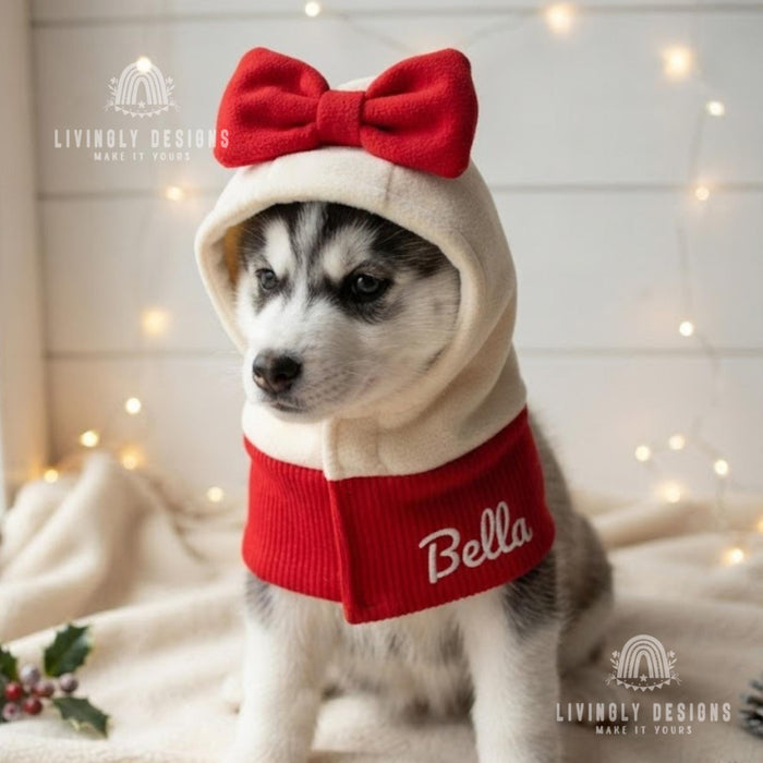 Custom Embroidered Dog Hoodie: Cozy Fleece Holiday, Christmas Snood with Bow for Dogs & Cats