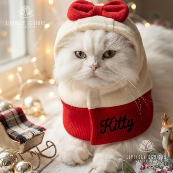 Custom Embroidered Dog Hoodie: Cozy Fleece Holiday, Christmas Snood with Bow for Dogs & Cats