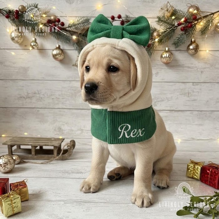 Custom Embroidered Dog Hoodie: Cozy Fleece Holiday, Christmas Snood with Bow for Dogs & Cats