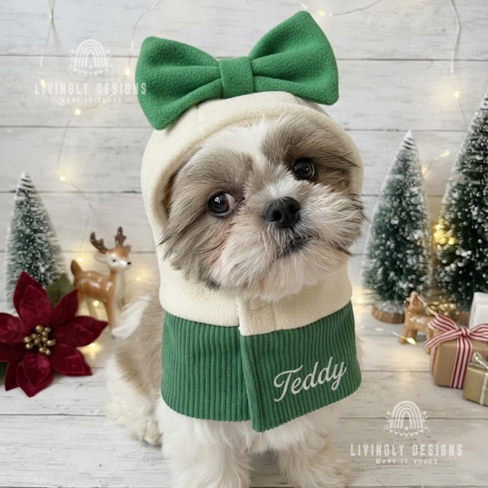 Custom Embroidered Dog Hoodie: Cozy Fleece Holiday, Christmas Snood with Bow for Dogs & Cats