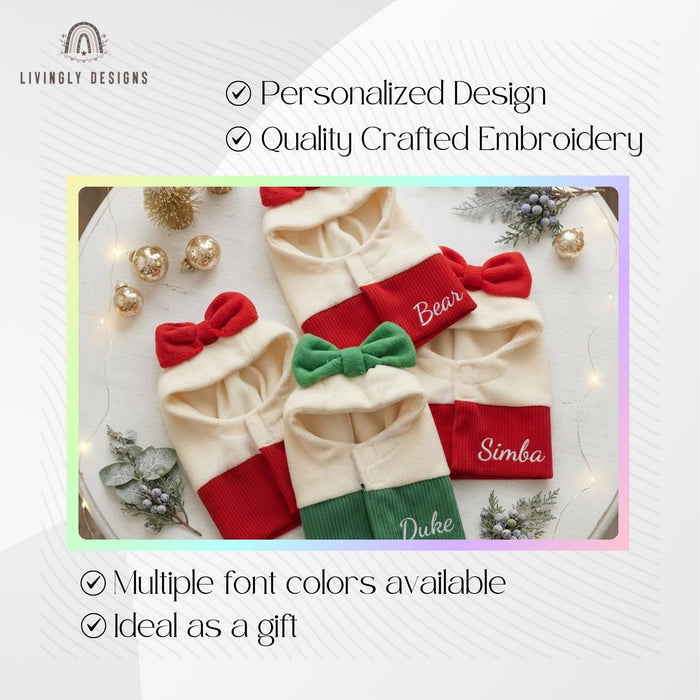 Custom Embroidered Dog Hoodie: Cozy Fleece Holiday, Christmas Snood with Bow for Dogs & Cats