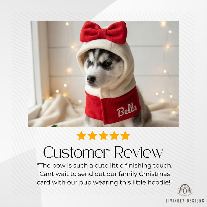 Custom Embroidered Dog Hoodie: Cozy Fleece Holiday, Christmas Snood with Bow for Dogs & Cats