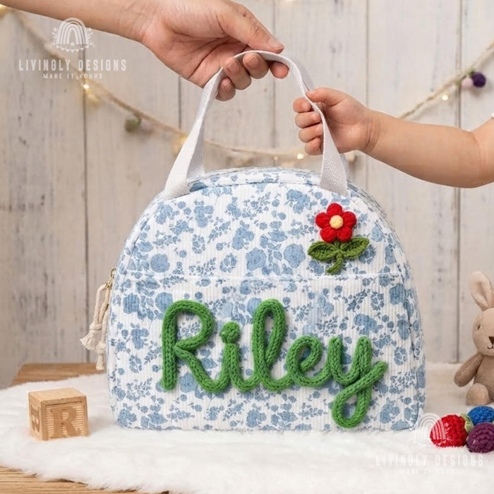 Custom Name Lunch Bag, Hand Embroidered Insulated Tote for School, Work & Preschool