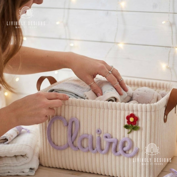 Custom Toy Basket with Yarn Name, Plush Kids Storage Bin, Christmas Gift