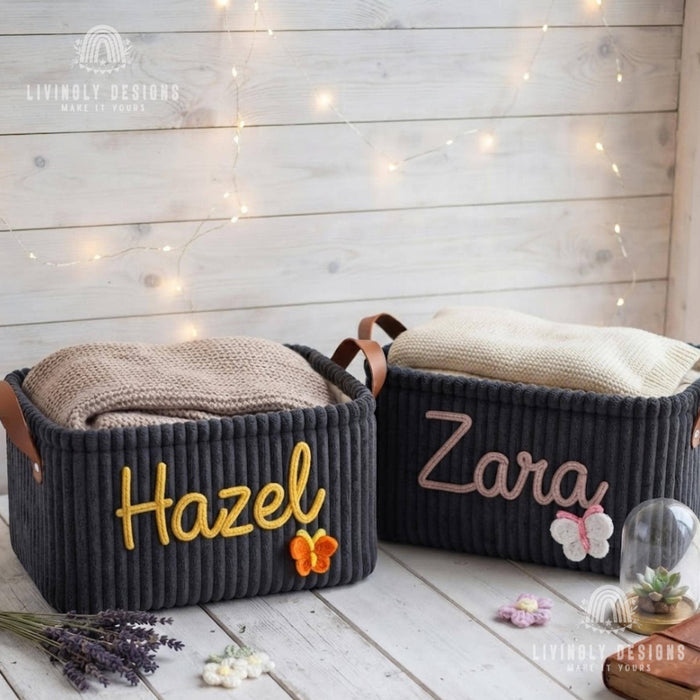 Custom Toy Basket with Yarn Name, Plush Kids Storage Bin, Christmas Gift