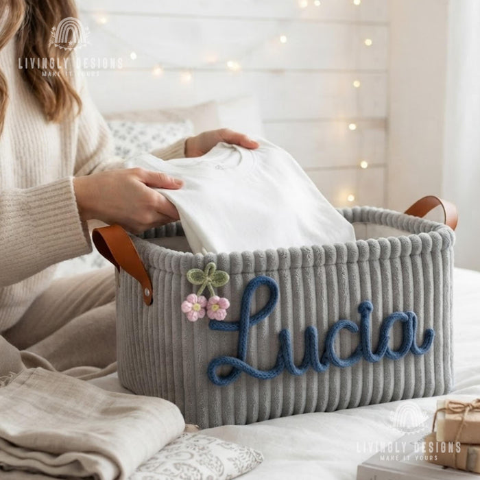 Custom Toy Basket with Yarn Name, Plush Kids Storage Bin, Christmas Gift