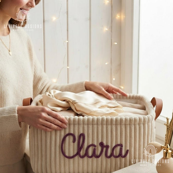 Custom Toy Basket with Yarn Name, Plush Kids Storage Bin, Christmas Gift