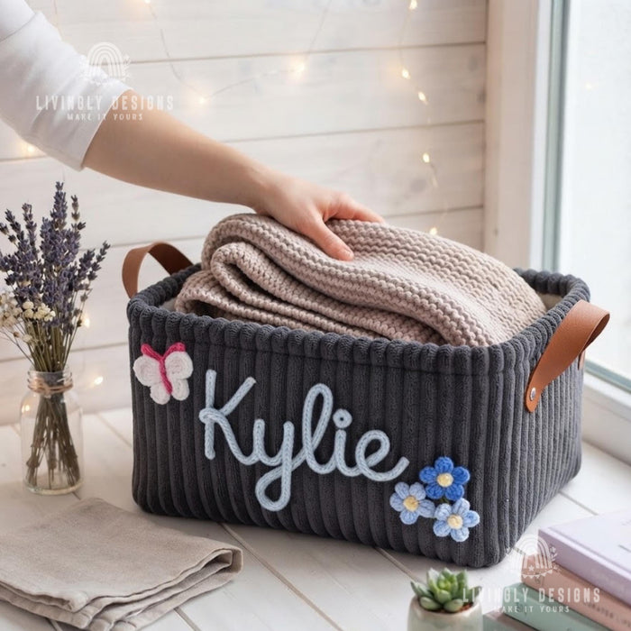 Custom Toy Basket with Yarn Name, Plush Kids Storage Bin, Christmas Gift